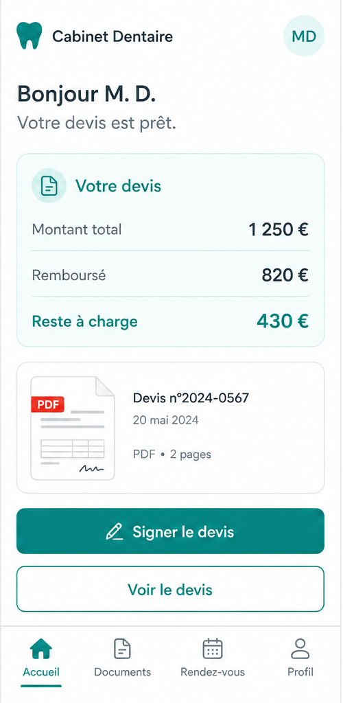 Espace patient EasyDevis — consulter, signer et payer son devis depuis son smartphone